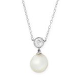 A NATURAL PEARL AND DIAMOND PENDANT NECKLACE set with a pearl of 9.9mm, below an old cut diamond