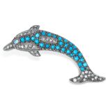 A TURQUOISE, DIAMOND, RUBY AND OPAL DOLPHIN BROOCH in yellow gold and silver, designed as a dolphin,