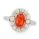 A FIRE OPAL AND DIAMOND CLUSTER RING in 14ct yellow gold, set with an oval cut fire opal within a