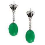 A PAIR OF JADEITE JADE, DIAMOND AND ENAMEL EARRINGS each set with an oval jadeite cabochon of 6.15