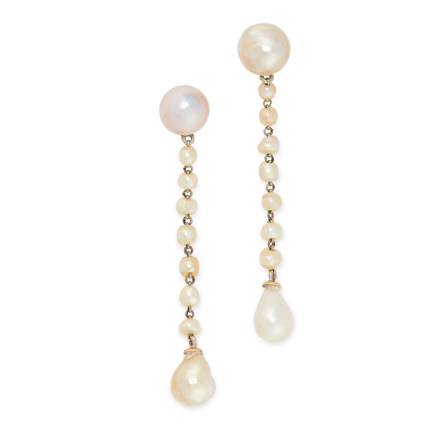 A PAIR OF NATURAL PEARL DROP EARRINGS in 18ct yellow gold, each set with a natural pearl of 7.6
