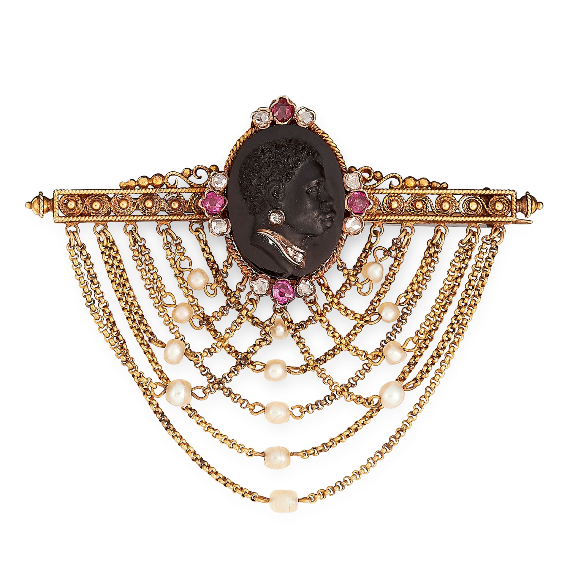 AN ANTIQUE RUBY, DIAMOND AND PEARL BLACKAMOOR CAMEO BROOCH in yellow gold, set with an oval carved