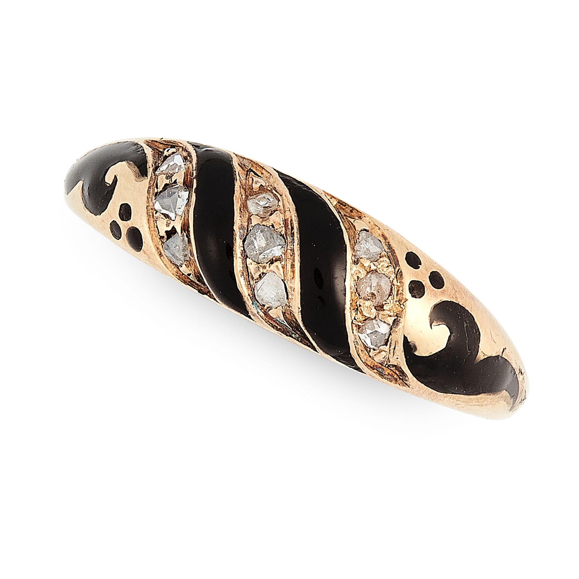 AN ANTIQUE DIAMOND AND ENAMEL RING, 19TH CENTURY in yellow gold, the tapering band set with rows