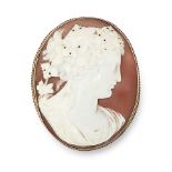 AN ANTIQUE CARVED CAMEO BROOCH, 19TH CENTURY in yellow gold, the oval shell cameo carved in detail