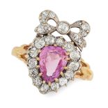 AN ANTIQUE UNHEATED PINK SAPPHIRE AND DIAMOND SWEETHEART RING in high carat yellow gold and