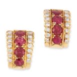 A PAIR OF RUBY AND DIAMOND HOOP EARRINGS each comprising of a row of round cut rubies totalling 3.