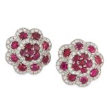 A PAIR OF BURMA NO HEAT RUBY AND DIAMOND EARRINGS in 18ct white gold and platinum, each of scalloped