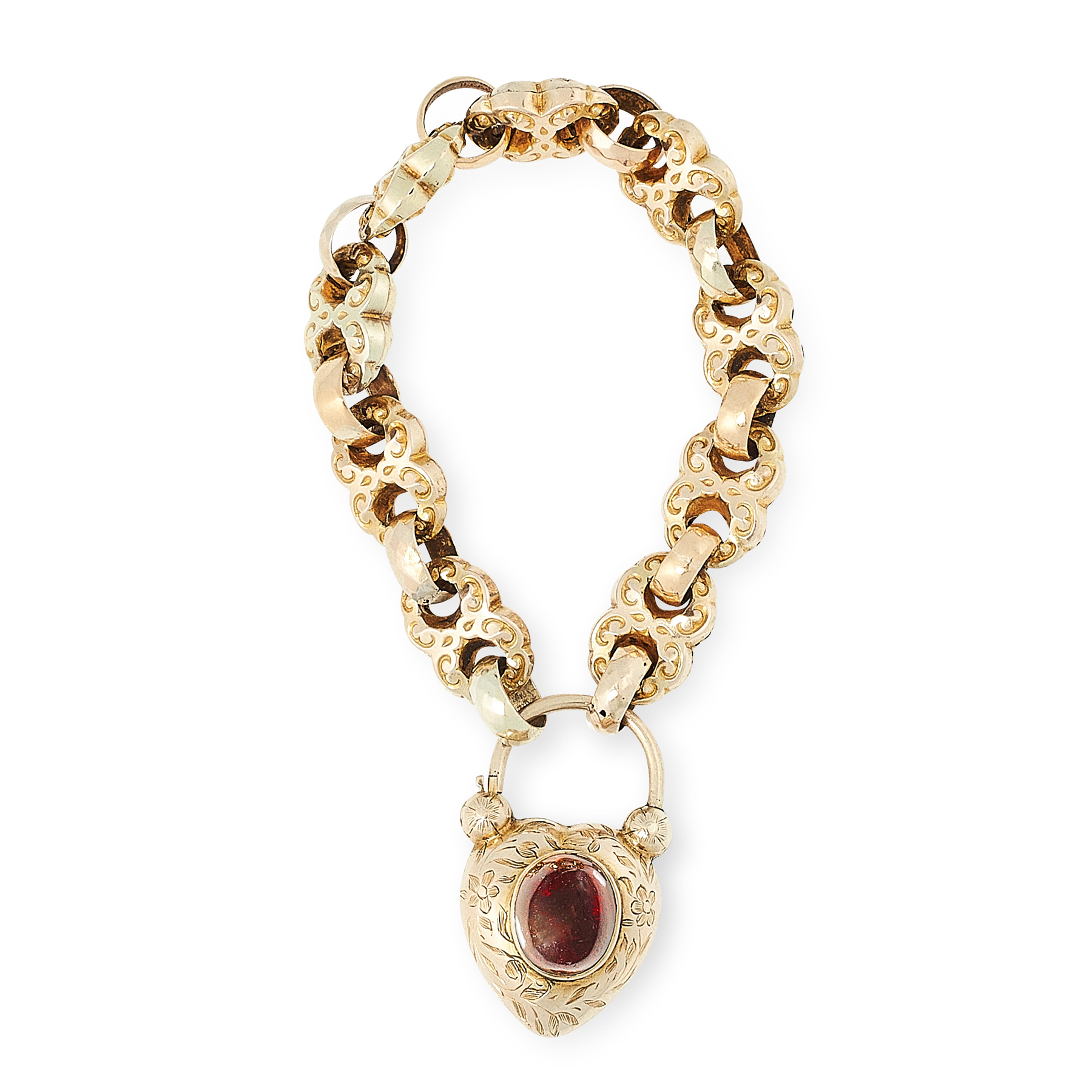 AN ANTIQUE GARNET AND HAIRWORK SWEETHEART LOCKET BRACELET, 19TH CENTURY in yellow gold, formed of