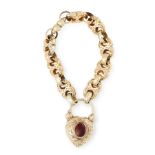 AN ANTIQUE GARNET AND HAIRWORK SWEETHEART LOCKET BRACELET, 19TH CENTURY in yellow gold, formed of