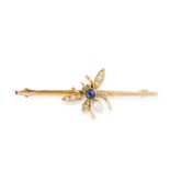 AN ANTIQUE SAPPHIRE, PEARL AND DIAMOND INSECT BROOCH, LATE 19TH CENTURY in high carat yellow gold,