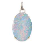 AN OPAL AND DIAMOND PENDANT in 18ct yellow gold, set with an oval opal doublet accented above by