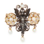 AN ART NOUVEAU DIAMOND AND PEARL BROOCH in yellow gold and silver, the silver putti set with old and