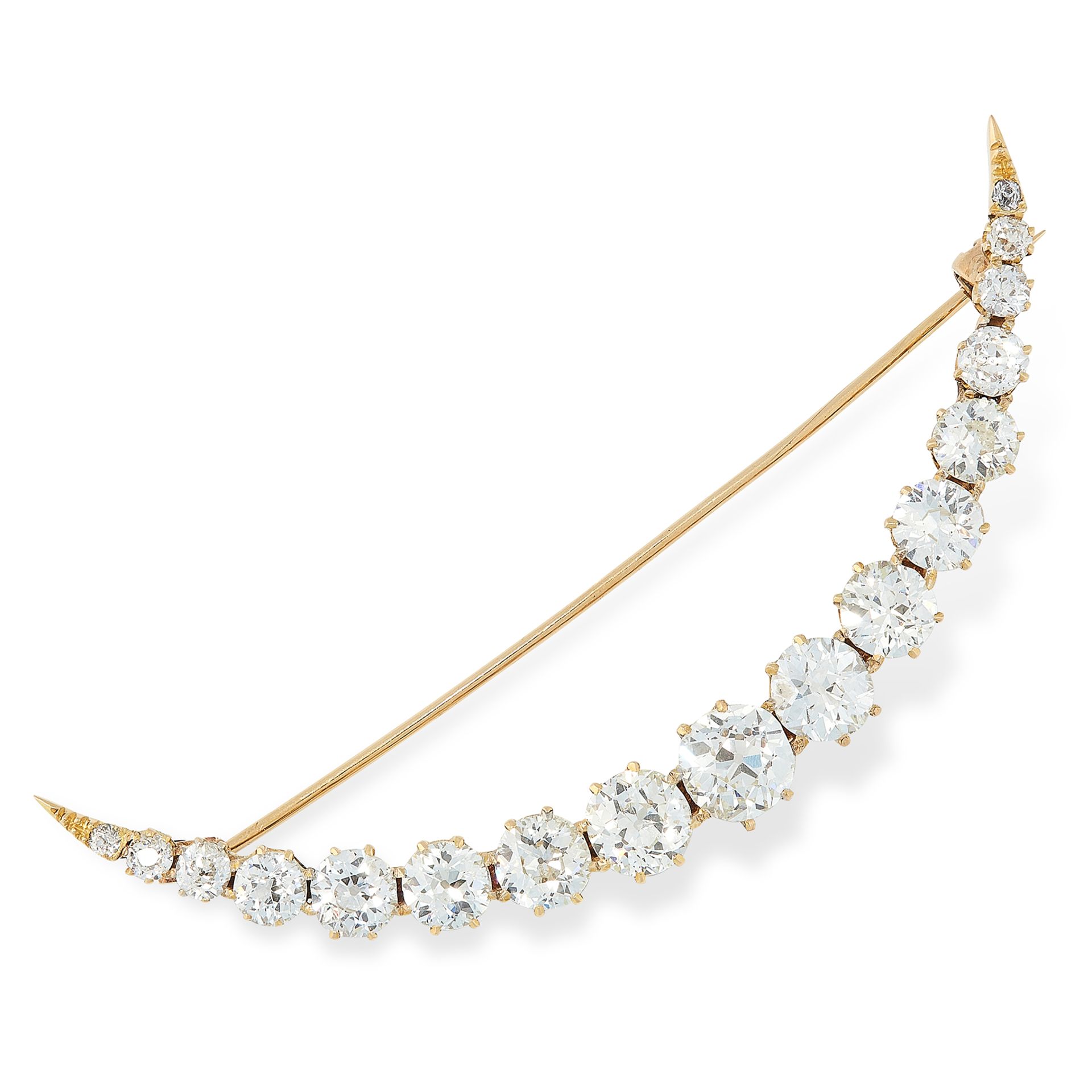 AN ANTIQUE DIAMOND CRESCENT BROOCH in high carat yellow gold, designed as a crescent moon, set