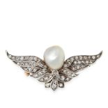 AN ANTIQUE NATURAL PEARL AND DIAMOND BROOCH, LATE 19TH CENTURY in yellow gold and silver, set with a