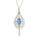 A CEYLON NO HEAT SAPPHIRE, PEARL AND DIAMOND PENDANT, EARLY 20TH CENTURY in 18ct white gold, the