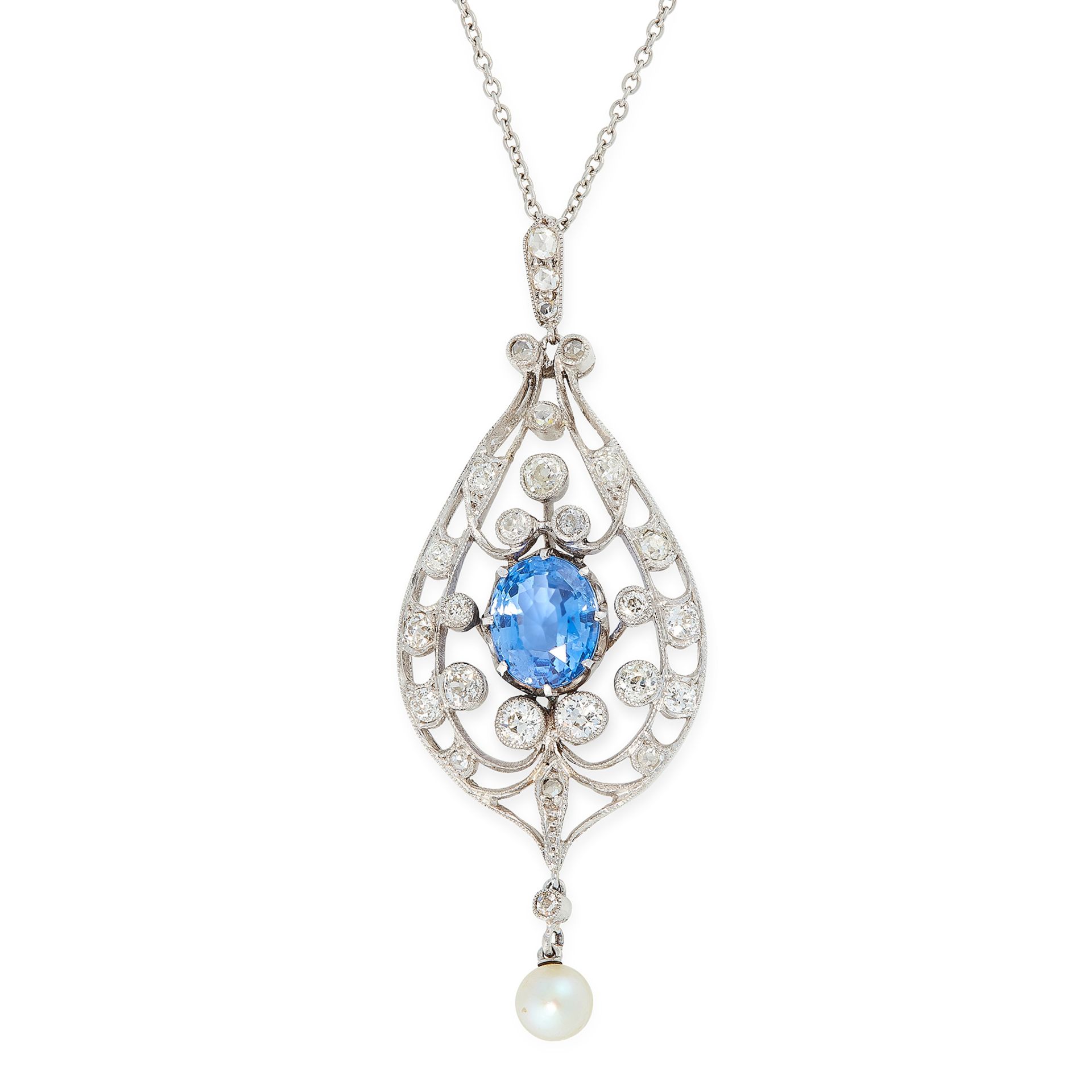 A CEYLON NO HEAT SAPPHIRE, PEARL AND DIAMOND PENDANT, EARLY 20TH CENTURY in 18ct white gold, the