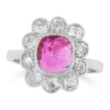 A BURMA NO HEAT RUBY AND DIAMOND RING CIRCA 1950 in platinum, set with a modified cushion cut ruby
