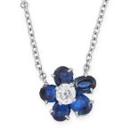 A SAPPHIRE AND DIAMOND PENDANT NECKLACE designed as a flower, set with an old cut diamond within a