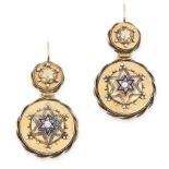 AN ANTIQUE DIAMOND AND ENAMEL MOURNING BROOCH AND EARRINGS SUITE, 19TH CENTURY in yellow gold, the