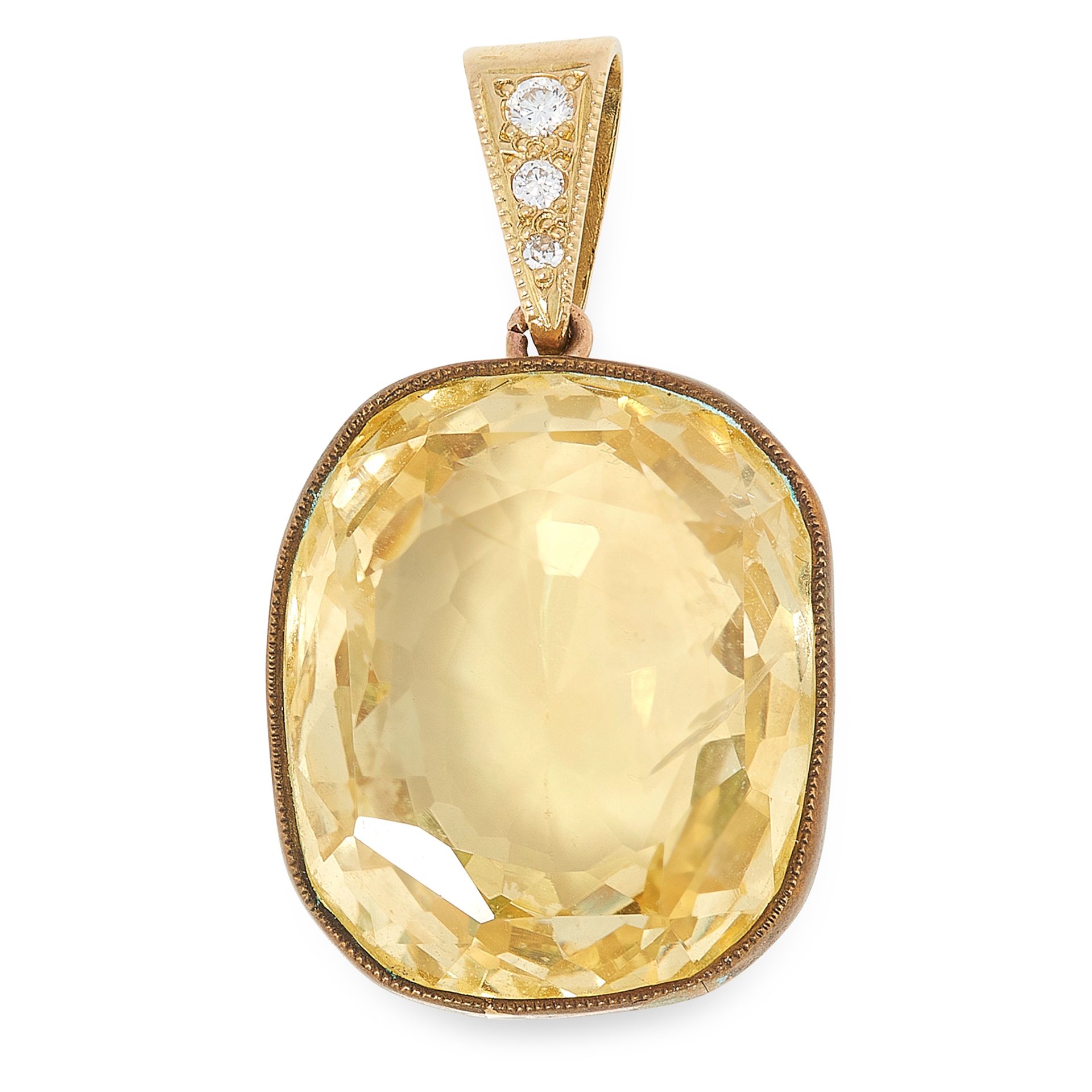 A CEYLON NO HEAT YELLOW SAPPHIRE AND DIAMOND PENDANT set with a cushion cut yellow sapphire of 20.32