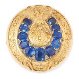 AN ANTIQUE SAPPHIRE AND DIAMOND BROOCH, 19TH CENTURY in yellow gold, of circular design, the body