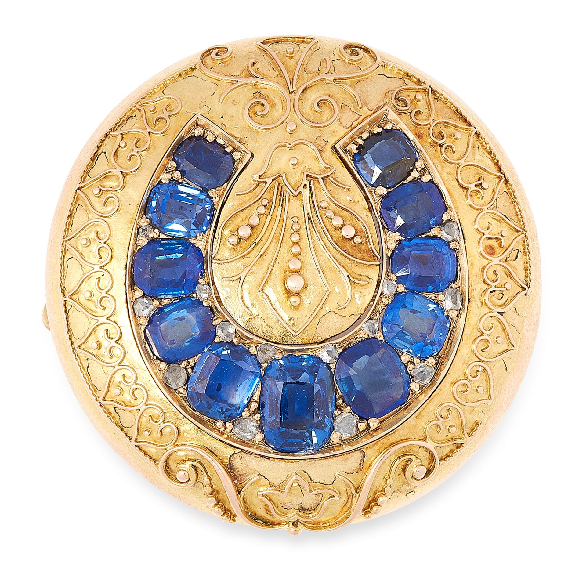 AN ANTIQUE SAPPHIRE AND DIAMOND BROOCH, 19TH CENTURY in yellow gold, of circular design, the body