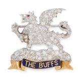 A REGIMENTAL DIAMOND, RUBY AND ENAMEL BROOCH / PIN BADGE in yellow and white gold, for The Buffs,