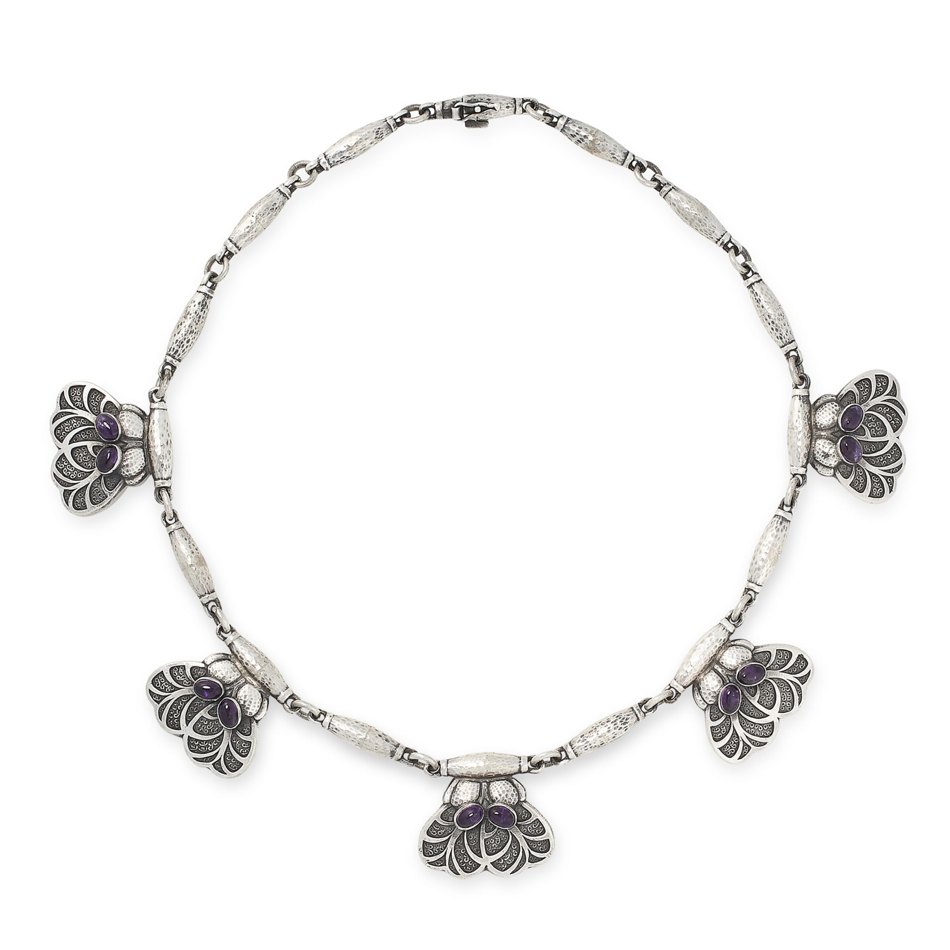 AN AMETHYST NECKLACE, GEORG JENSEN CIRCA 1935 in sterling silver, formed of five foliate motif links