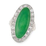 AN ANTIQUE JADEITE JADE AND DIAMOND RING in yellow gold and silver, set with an oval jadeite