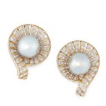 A PAIR OF PEARL AND DIAMOND STUD EARRINGS in 18ct yellow gold, each set with a central grey pearl of