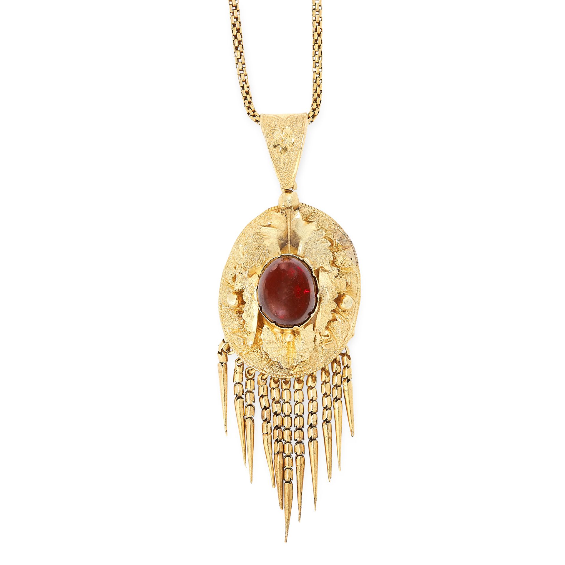 AN ANTIQUE GARNET TASSEL PENDANT AND CHAIN, 19TH CENTURY in yellow gold, the pendant set with an