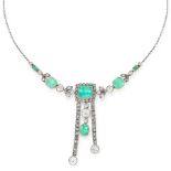 AN ANTIQUE EMERALD AND DIAMOND LAVALIER NECKLACE in gold and silver, set with a row of five