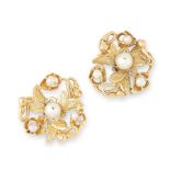 A PAIR OF PEARL STUD EARRINGS, EARLY 20TH CENTURY in high carat yellow gold, each of foliate