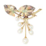 AN ART NOUVEAU PEARL, ENAMEL AND DIAMOND BROOCH, EARLY 20TH CENTURY in 18ct yellow gold, designed as