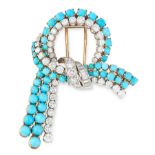 A VINTAGE TURQUOISE AND DIAMOND BROOCH CIRCA 1960 in 18ct yellow gold and platinum, designed as a