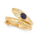 A SAPPHIRE AND DIAMOND SNAKE RING in high carat yellow gold, designed as a snake coiled around on