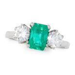 A COLOMBIAN EMERALD AND DIAMOND RING CIRCA 1950 in platinum, set with an emerald cut emerald of 1.37