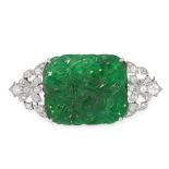 AN ANTIQUE JADEITE JADE AND DIAMOND BROOCH in white gold, set with a cushion shaped piece of