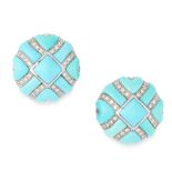 A PAIR OF VINTAGE TURQUOISE AND DIAMOND EARRINGS in 18ct white gold, each set with a square