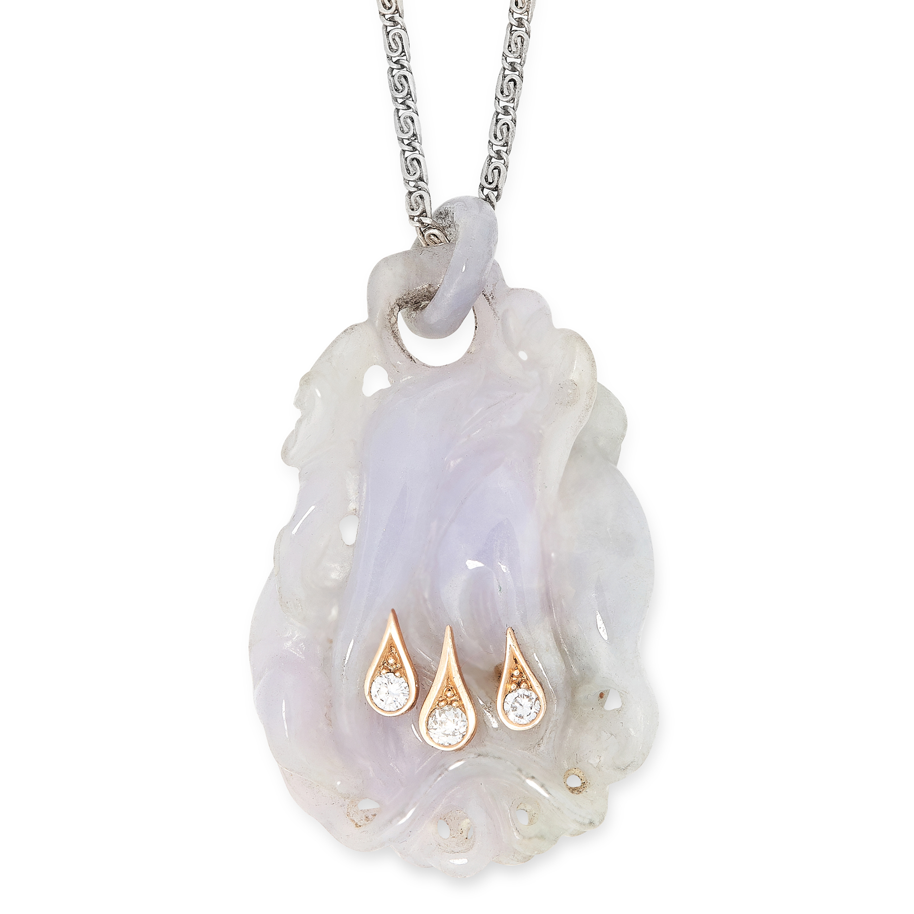 A LAVENDER JADE AND DIAMOND PENDANT AND CHAIN formed of a carved piece of lavender jade depicting