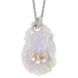 A LAVENDER JADE AND DIAMOND PENDANT AND CHAIN formed of a carved piece of lavender jade depicting