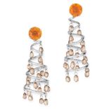 A PAIR OF DIAMOND AND CITRINE CHANDELIER EARRINGS in 18ct white gold, each designed as a tapering