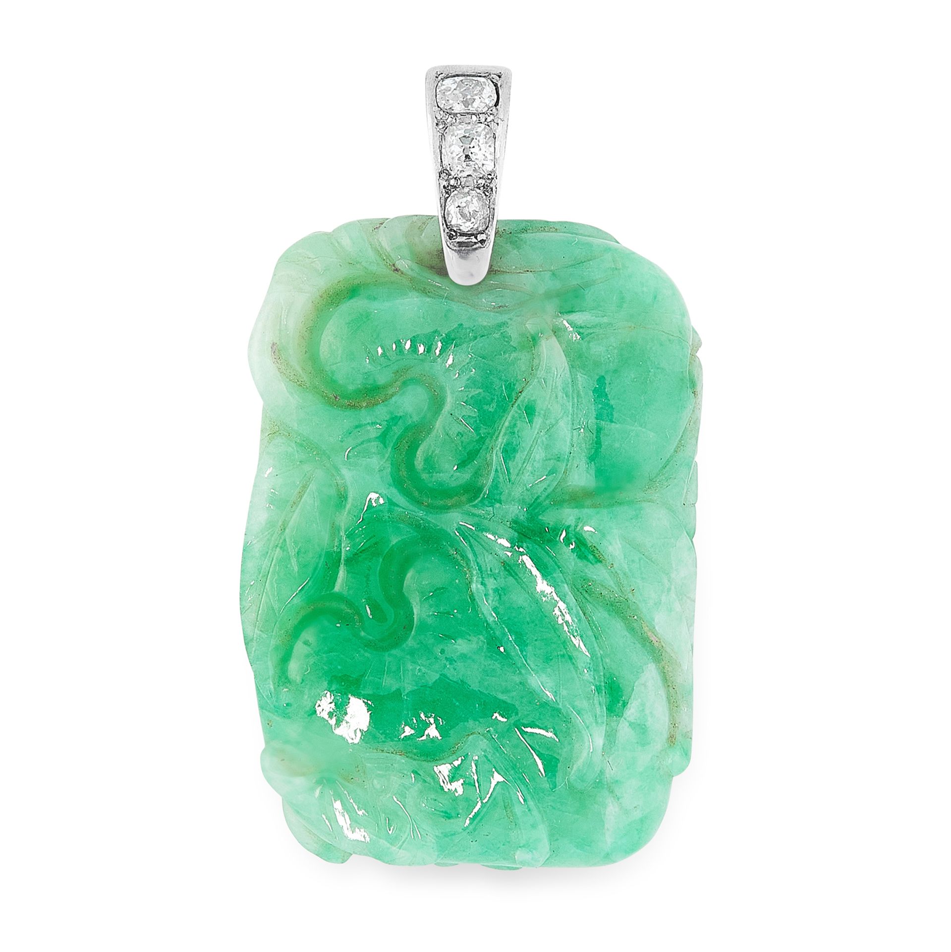 A CHINESE JADEITE JADE AND DIAMOND PENDANT comprising a carved and polished piece of jadeite