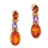 A PAIR OF CITRINE AND AMETHYST EARRINGS in high carat yellow gold, each formed of an oval and pear