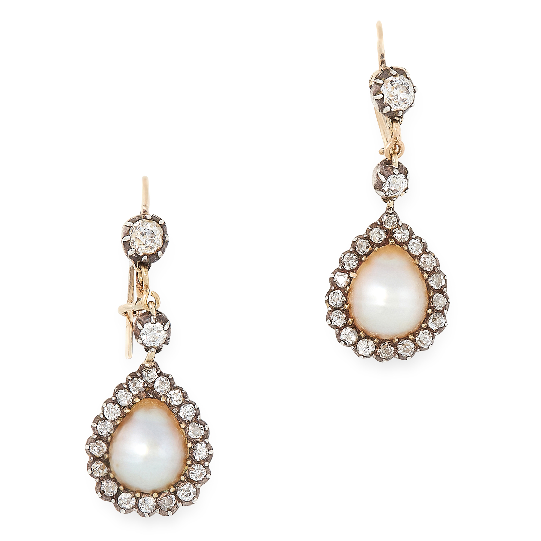 A PAIR OF PEARL AND DIAMOND DROP EARRINGS in yellow gold and silver, each set with a drop shaped