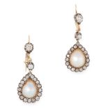 A PAIR OF PEARL AND DIAMOND DROP EARRINGS in yellow gold and silver, each set with a drop shaped