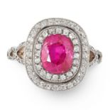 A BURMA NO HEAT RUBY AND DIAMOND RING in 18ct yellow gold, set with a cushion cut ruby of 2.85
