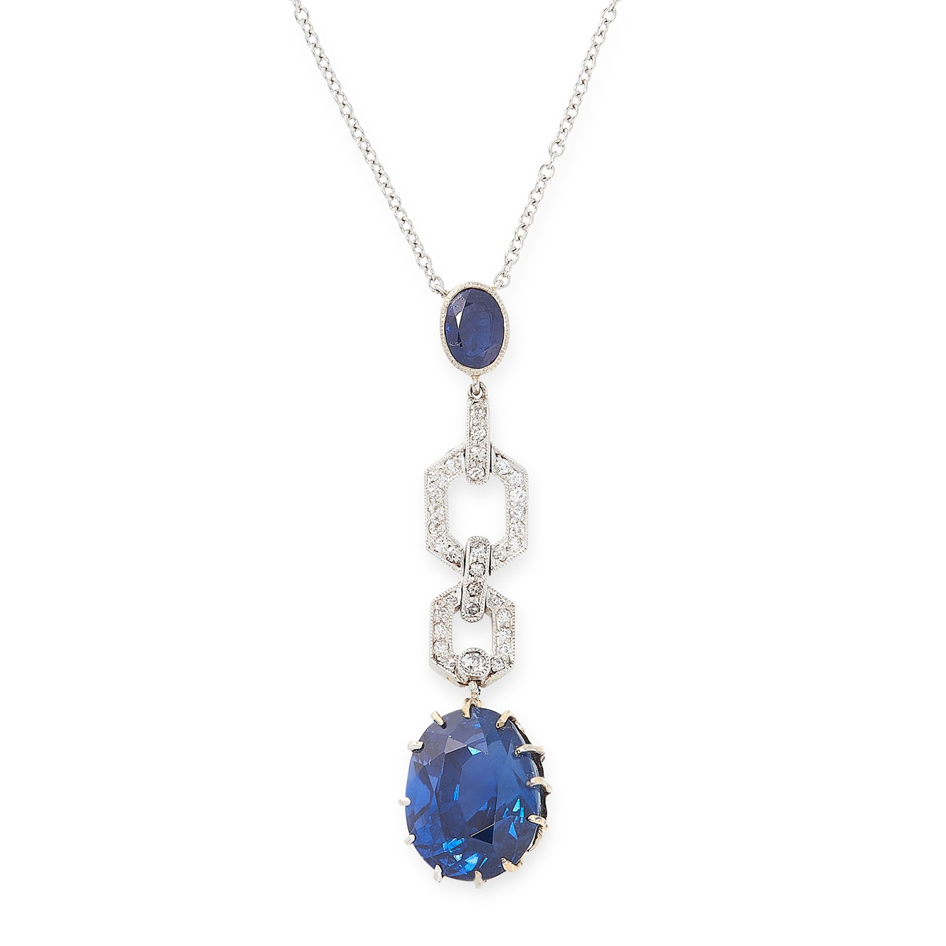 A CEYLON NO HEAT SAPPHIRE AND DIAMOND PENDANT NECKLACE set with a principal oval cut blue sapphire