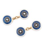 A PAIR OF ENAMEL AND DIAMOND CUFFLINKS, CARTIER in 18ct yellow gold, each formed of two circular