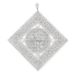 A DIAMOND PENDANT the large square body of lattice design inset with four principal round cut
